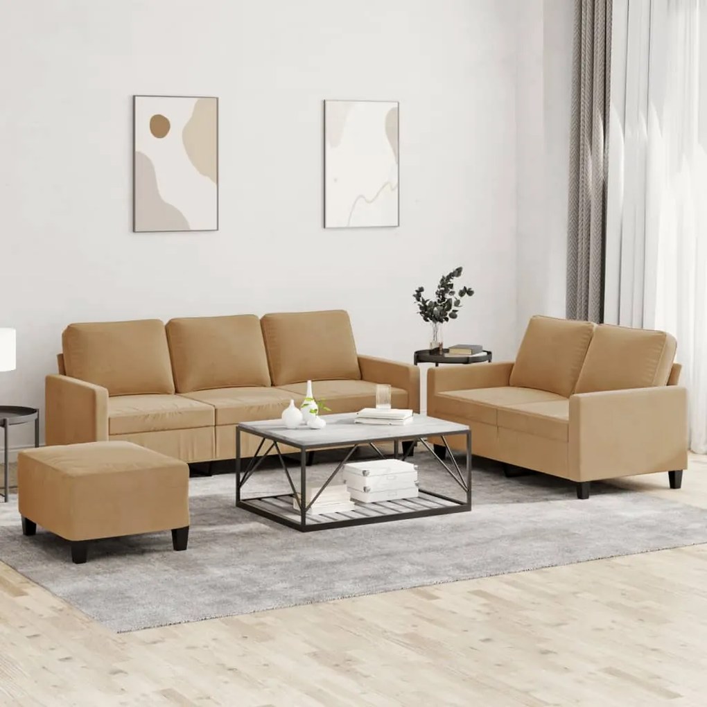 vidaXL Set de canapele cu perne, 3 piese, maro, catifea
