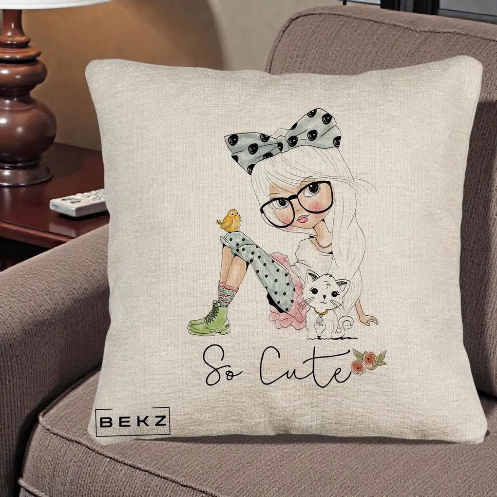 Perna Decorativa So Cute Fata Fashion, 40x40 cm, Bej Canapea, Husa Detasabila, Perna Inclusa, BEKZ®