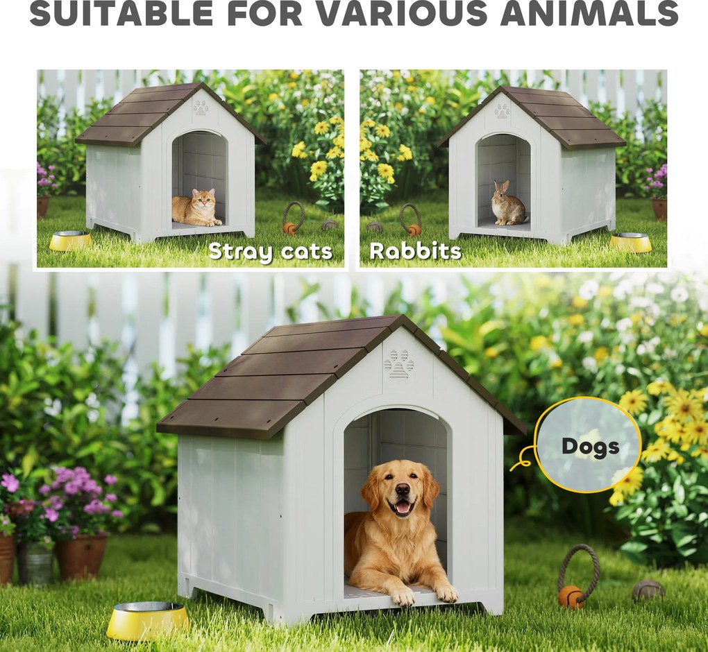 PawHut Casetă pentru câini de exterior Casă pentru câini mari din plastic cu 2 ferestre Bază ridicată Țăruși Maro închis | Aosom Romania