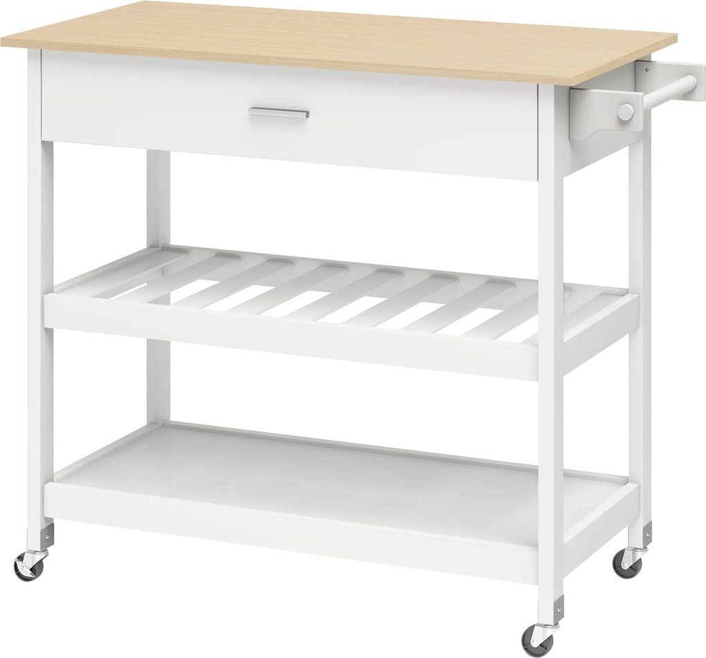 HOMCOM Cărucior de bucătărie cu depozitare, insulă mobilă de bucătărie cu blat mare, sertar, 2 rafturi deschise, suport pentru prosoape, Alb | Aosom Romania