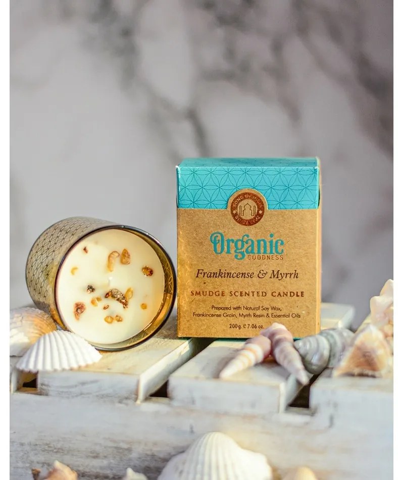 Lumânare aromată organică Frankincense & Myrrh200 g în sticlă cu folie aurie