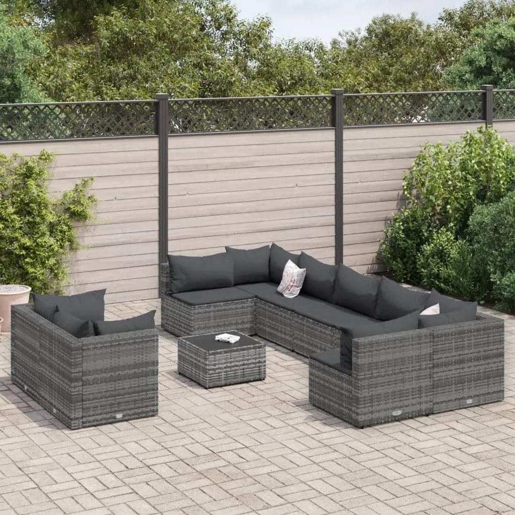 3308306 vidaXL Set mobilier de grădină cu perne, 10 piese, gri, poliratan