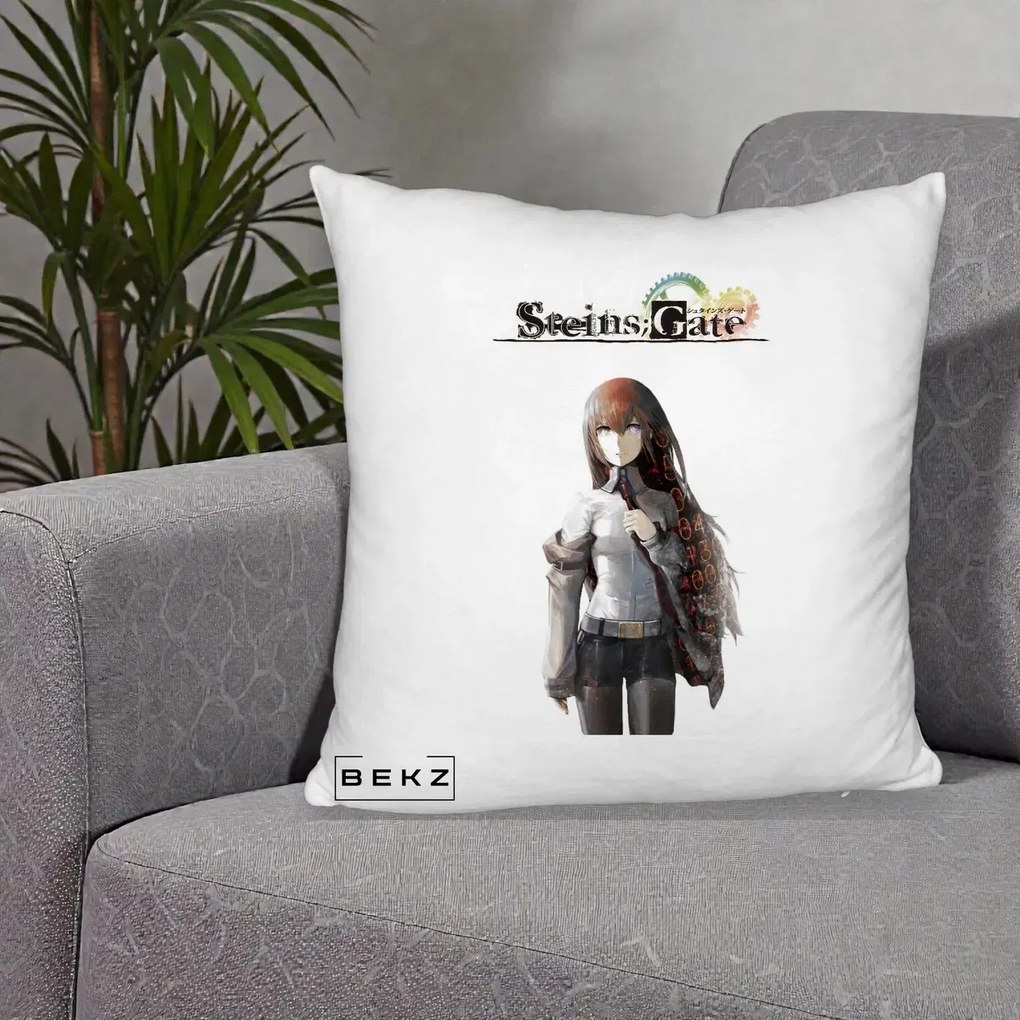 Perna Personalizata Steins Gate Kurisu Makise Anime, 40x40 cm, Alb Pufos, Husa Detasabila, Perna Inclusa, BEKZ®
