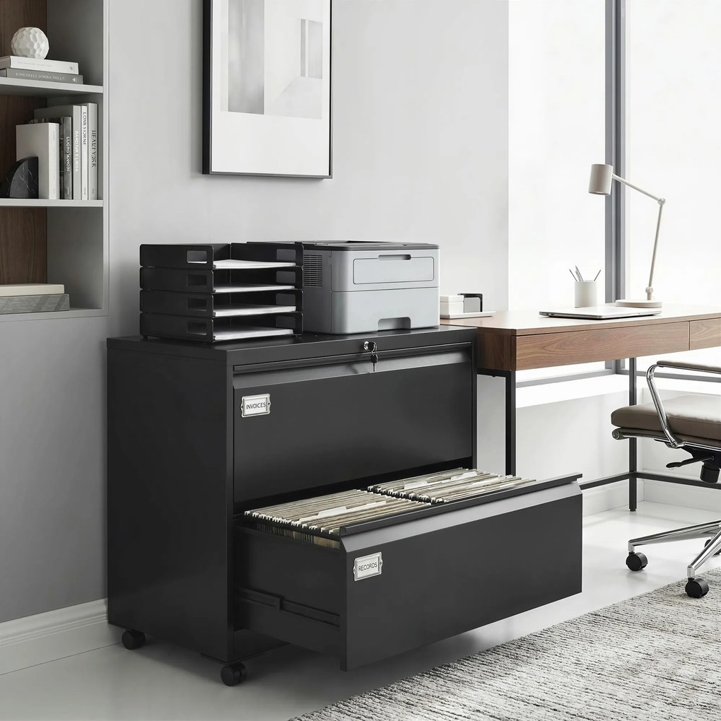 HOMCOM Container mobil cu 2 sertare închidere dulap pentru dosare cu șină suspendată reglabilă 90 x 40 x 77,4 cm Negru | Aosom Romania