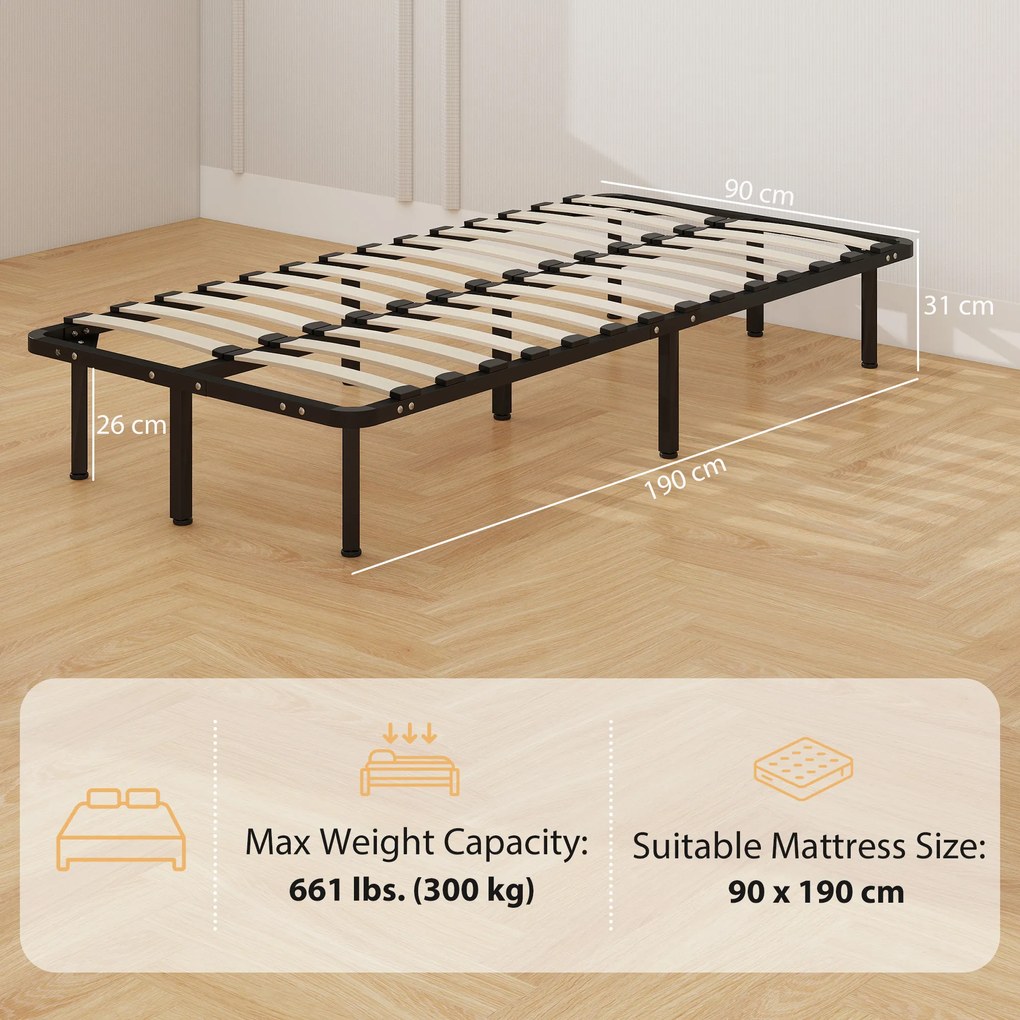 HOMCOM Cadru de Pat Industrial cu 28 de Lamele și Spațiu de Depozitare, din Lemn și Oțel, 190x90x31 cm, Negru și Lemn | Aosom Romania