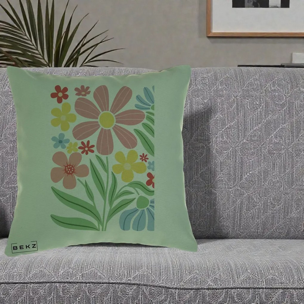 Perna Decorativa Flori Grafice Roz Pastel, 40x40 cm, Verde, Husa Detasabila, Perna Inclusa, BEKZ®