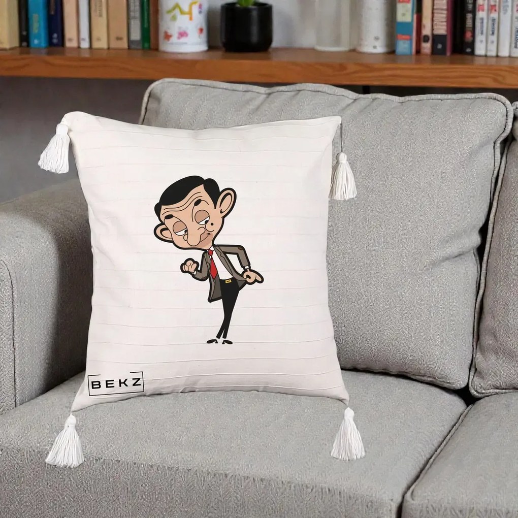 Perna Personalizata Mr. Bean Caricatura, 40x40 cm, Bej cu Franjuri, Husa Detasabila, Perna Inclusa, BEKZ®