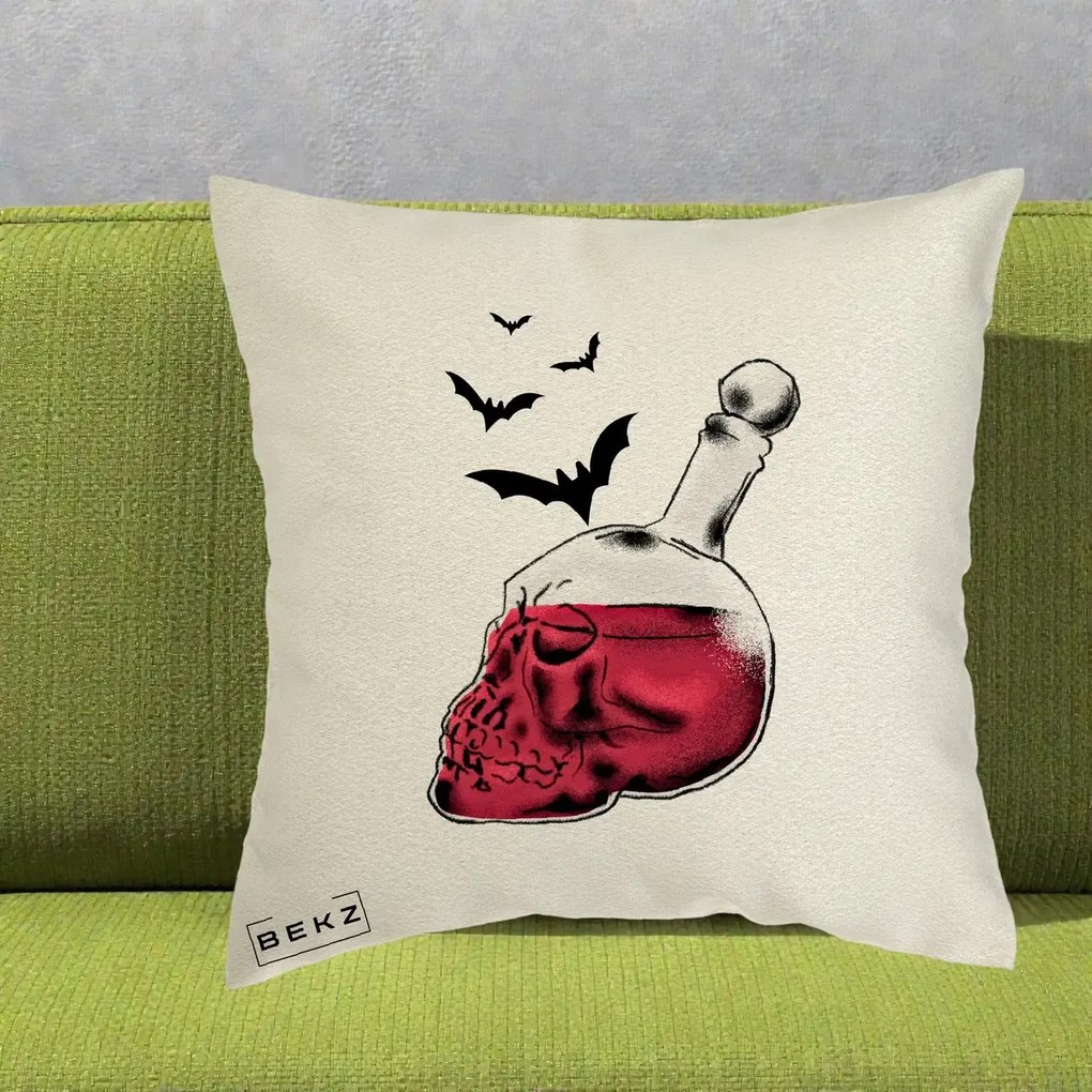 Perna Decorativa Halloween Craniu-Sticla cu Lilieci, 40x40 cm, Ecru, Husa Detasabila, Perna Inclusa, BEKZ®