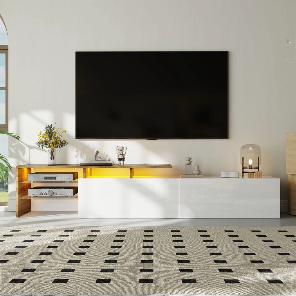 Comodă TV cu iluminare LED, spațiu de depozitare și rafturi din sticlă, 170x33x33,5 cm, Culoare naturală+Alb