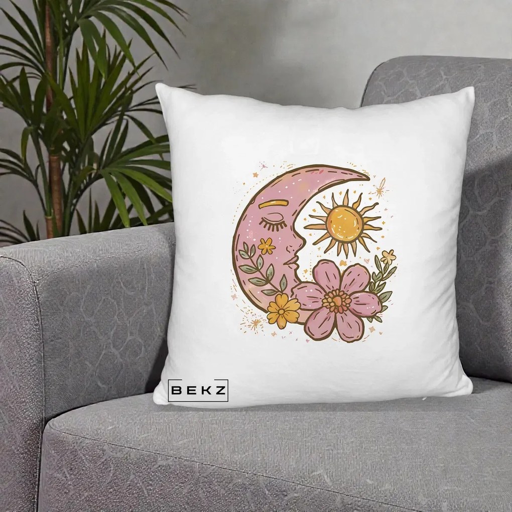 Perna Personalizata Luna si Soare Floral Boho, 40x40 cm, Alb Pufos, Husa Detasabila, Perna Inclusa, BEKZ®