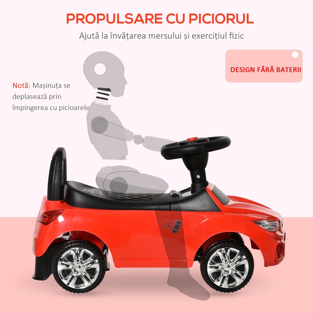 HOMCOM Mașinuță pentru Copii cu Volan, Mașină cu Faruri și Melodii Integrate, Vârstă 18-36 Luni, 63,5x28x36 cm, Roșu | Aosom Romania