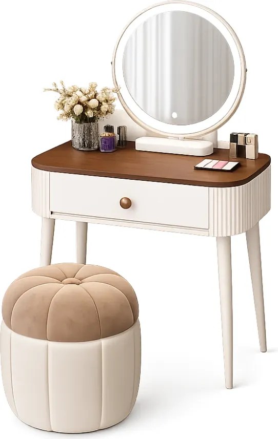 Set LUMIÈRE – Masă de Toaletă pentru Machiaj, cu Oglindă iluminată LED, Control Touch, Taburet, Alb, 60x40x77 cm