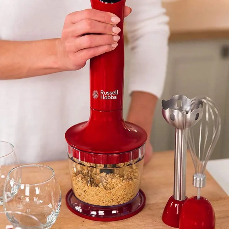 Blender, tocator si mixer 3in1 Russell Hobbs Desire 24700-56, 500W, 2 viteze + Puls, Tel, Tocator, Pahar Gradat, Functie pulse, Rosu