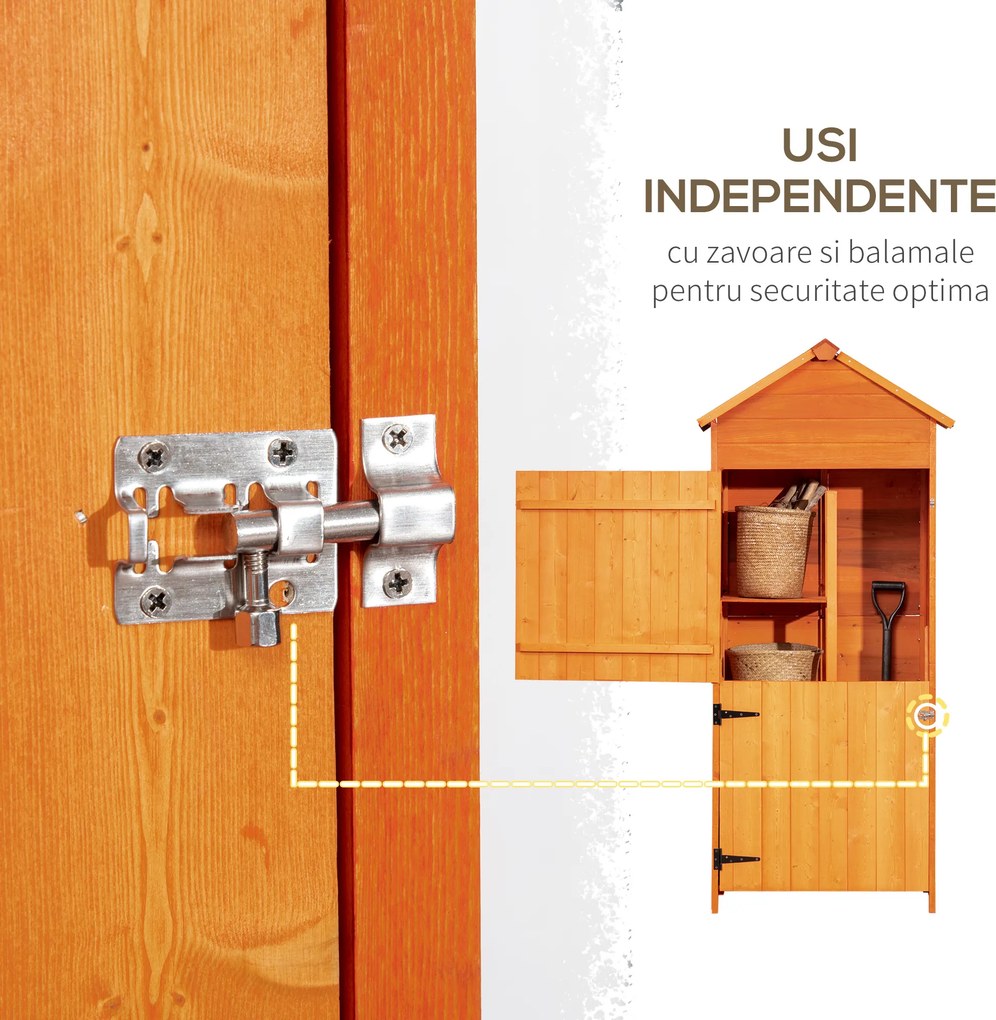 Outsunny Sopron de Gradina din Lemn cu 2 Usi, Dulap de Exterior Depozitare Unelte cu 3 Rafturi, 84x52x188cm