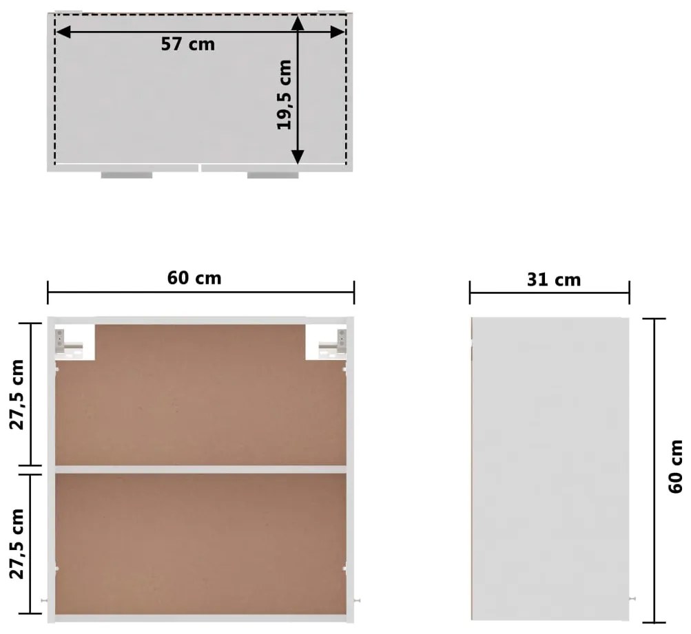 Dulap suspendat, alb extralucios, 60 x 31 x 60 cm, PAL Alb foarte lucios, Dulap suspendat 60 cm, 1