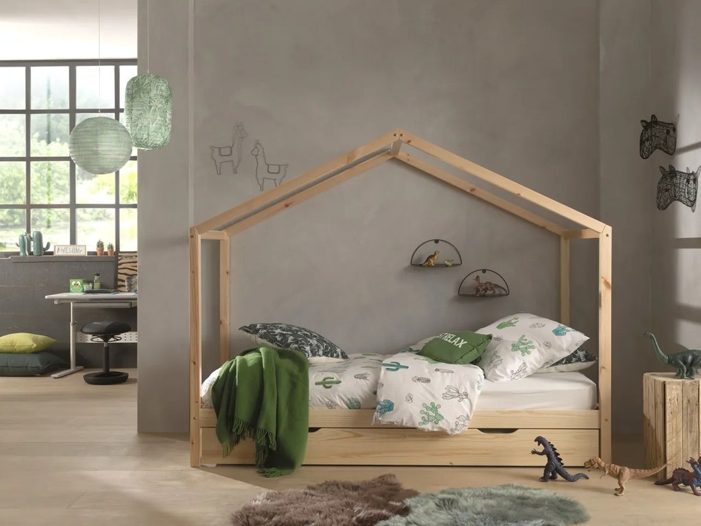 Set DALLAS culoare lemn natural este format dintr-un Pat copii Vipack fără gard (90 x 200 cm) și un sertar.