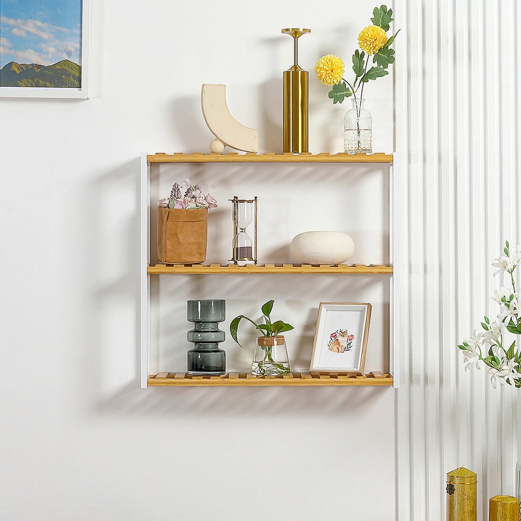 HOMCOM Raft de perete din bambus cu 3 polițe flotante pentru living, dormitor, bucătărie 60x15x54 cm natural și alb | Aosom Romania