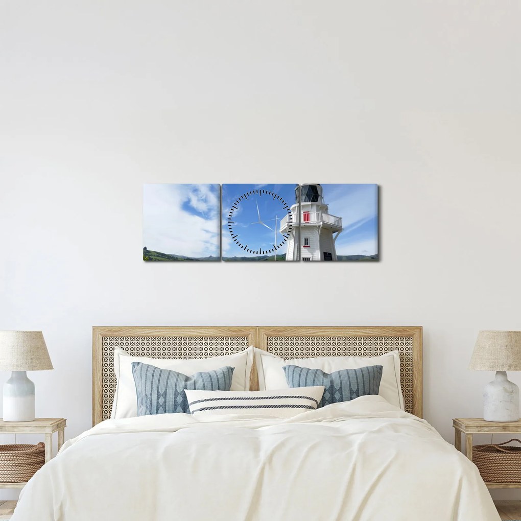Tablou cu farurile Akaroa, Nooua Zeelanda (cu ceas) (90x30 cm)