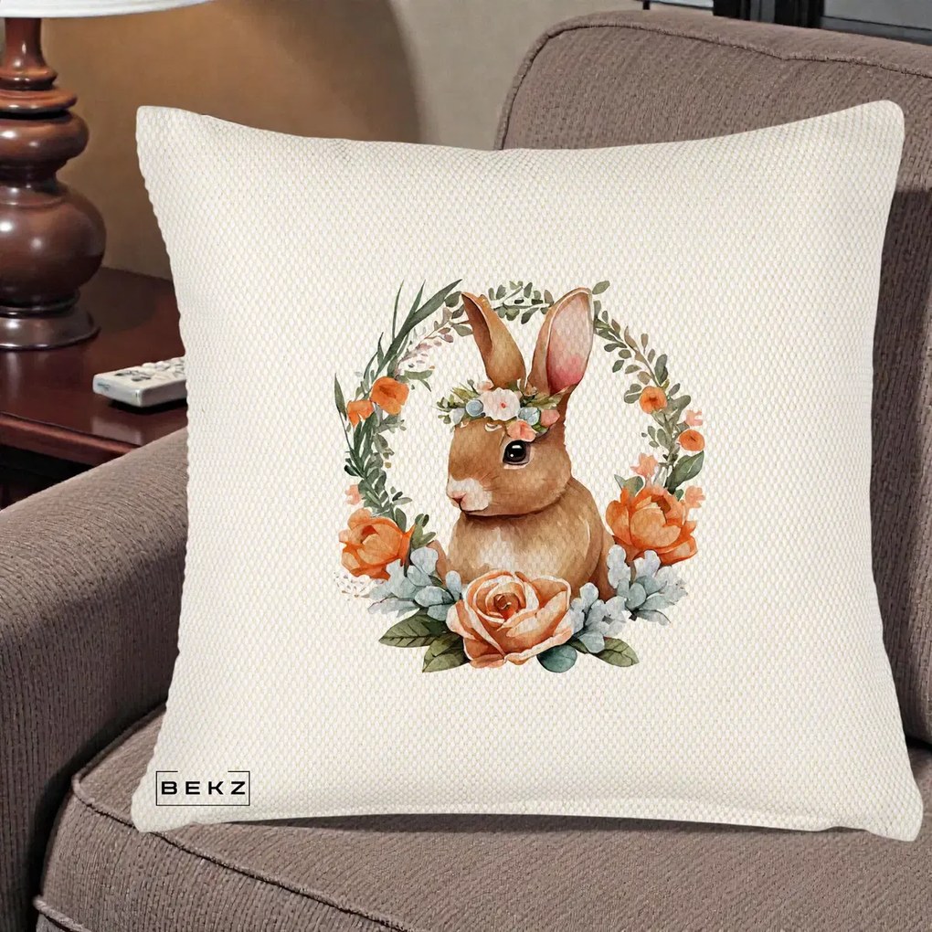 Perna Decorativa Iepuras Floral Coronita Acuarela, 40x40 cm, Crem Reliefat, Husa Detasabila, Perna Inclusa, BEKZ®