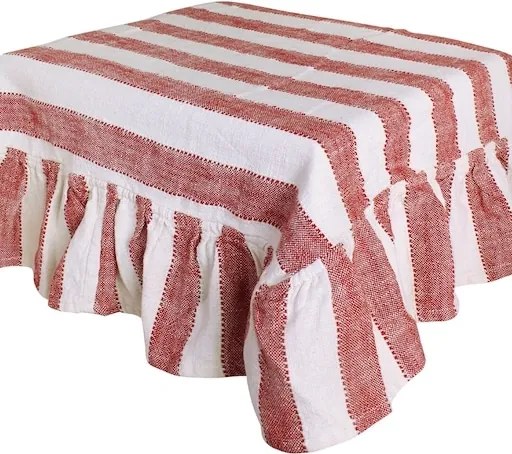 Față de masă din bumbac organic, rosu și alb, model în dungi cu volănaș decorativ, 150 × 250 cm, „Ida Stripe"