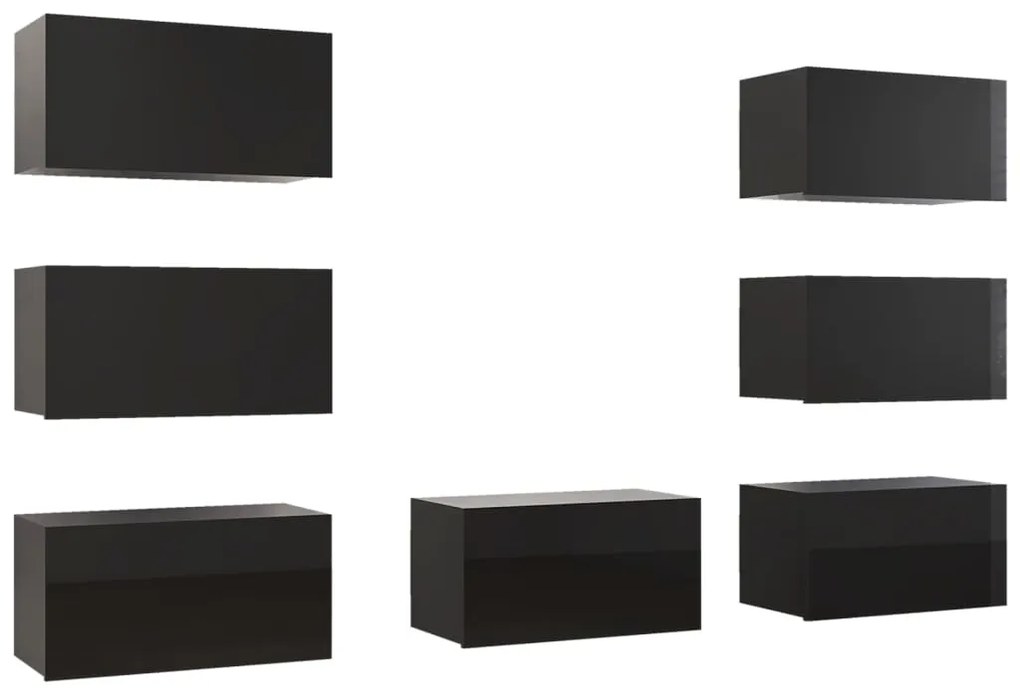 3079478 vidaXL Dulap TV 7 buc negru extralucios, 30,5x30x60 cm, lemn prelucrat