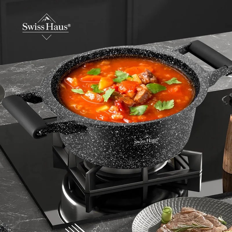 Oala cu capac Swiss Haus SH-MC28B, 7,1 l, 28 cm, Acoperire ceramica Sapphire, Cuptor pana la 220°C, Toate plitele inclusiv inductie, Negru