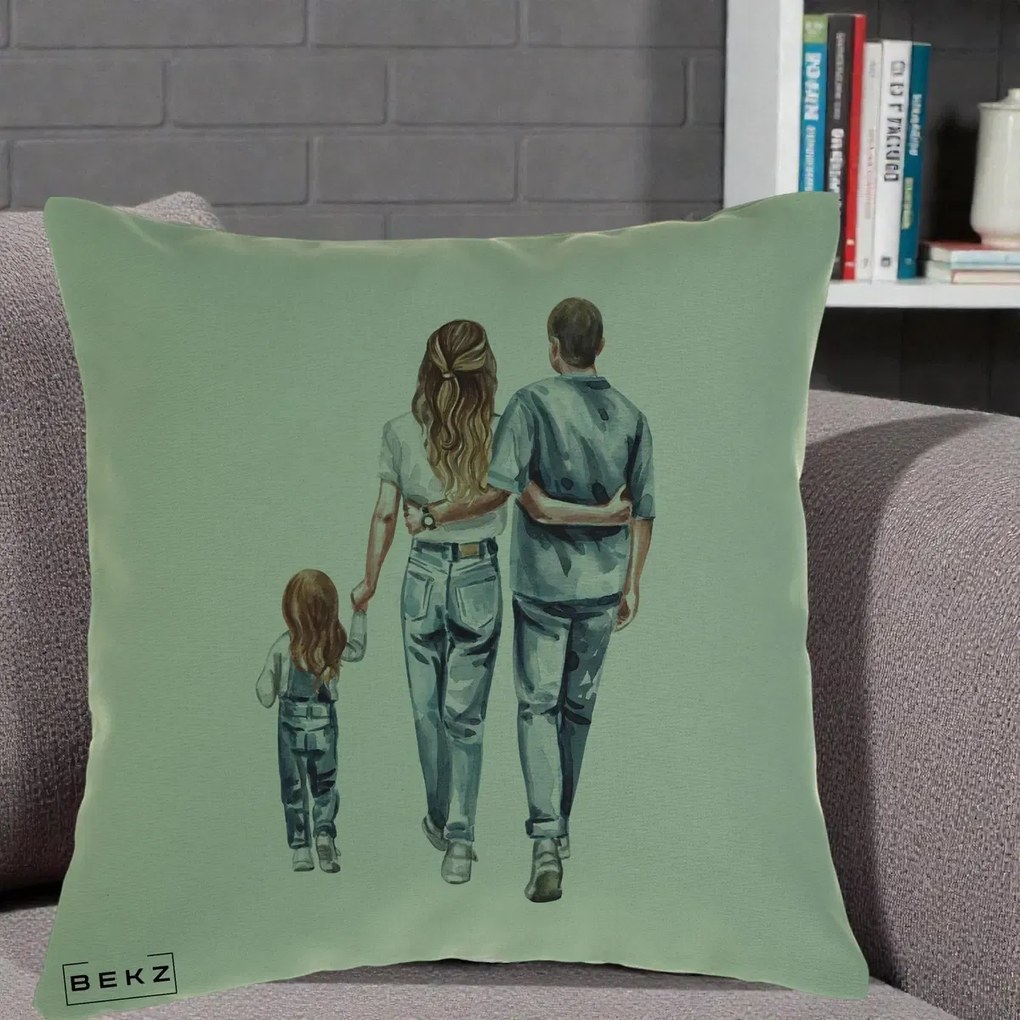 Cadou pentru Familie - Perna Personalizata Familie Acuarela Jeans, 40x40 cm, Verde, Husa Detasabila, Perna Inclusa, BEKZ®