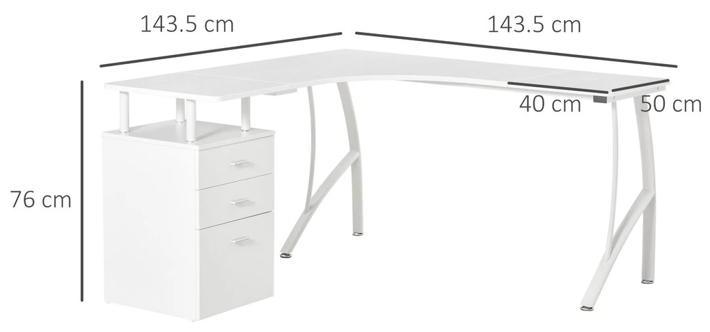 HOMCOM Masa de birou de colt cu sertar, masa de birou oficiu suport PC din lemn si metal, alb, 143,5x143,5x76cm | Aosom Romania