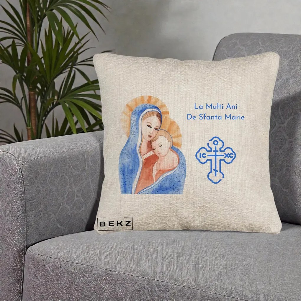 Cadou de Onomastica - Perna Personalizata Sfanta Marie Icoana Acuarela, 40x40 cm, Bej Canapea, Husa Detasabila, Perna Inclusa, BEKZ®