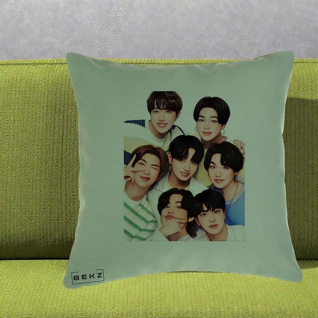 Perna Personalizata K-pop BTS Bangtan Boys Portret Grup Fanart, 40x40 cm, Verde, Husa Detasabila, Perna Inclusa, BEKZ®