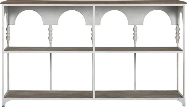 Consolă hol vintage din metal, crem, cu blat din lemn, 2 rafturi și arcade pe baluștri, 91 x [lățime] x 36,5 cm, „Arches”