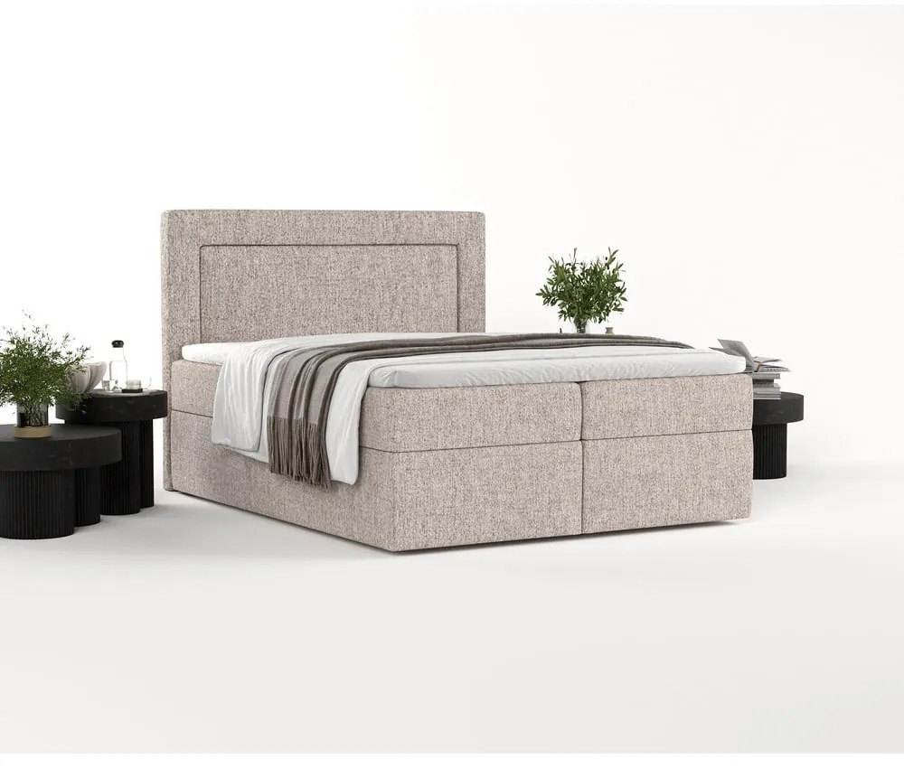 Pat boxspring maro deschis cu spațiu de depozitare 160x200 cm Imagine – Maison de Rêve