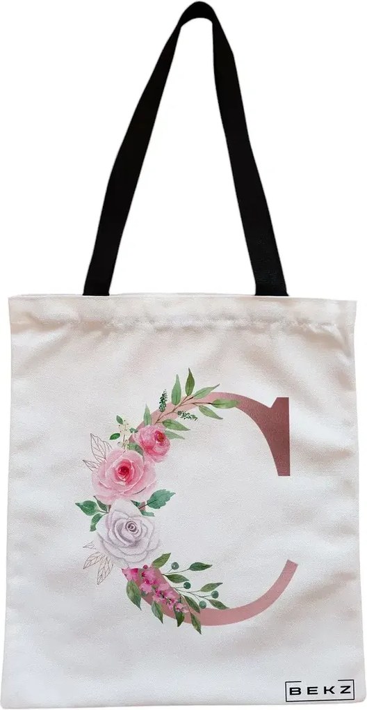 Sacosa de Panza pentru Cumparaturi, Geanta Tote, Cu litera C Rose Gold si Trandafiri, Cu fermoar, 38x34.5 cm, Alba, BEKZ®
