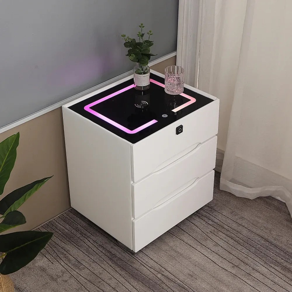 RESIGILAT- Noptieră inteligentă multifuncțională, 3 sertare, blocare amprentă, iluminare LED-uri Color Touch, încărcare fără fir, încărcare USB, sticlă securizată, Alb