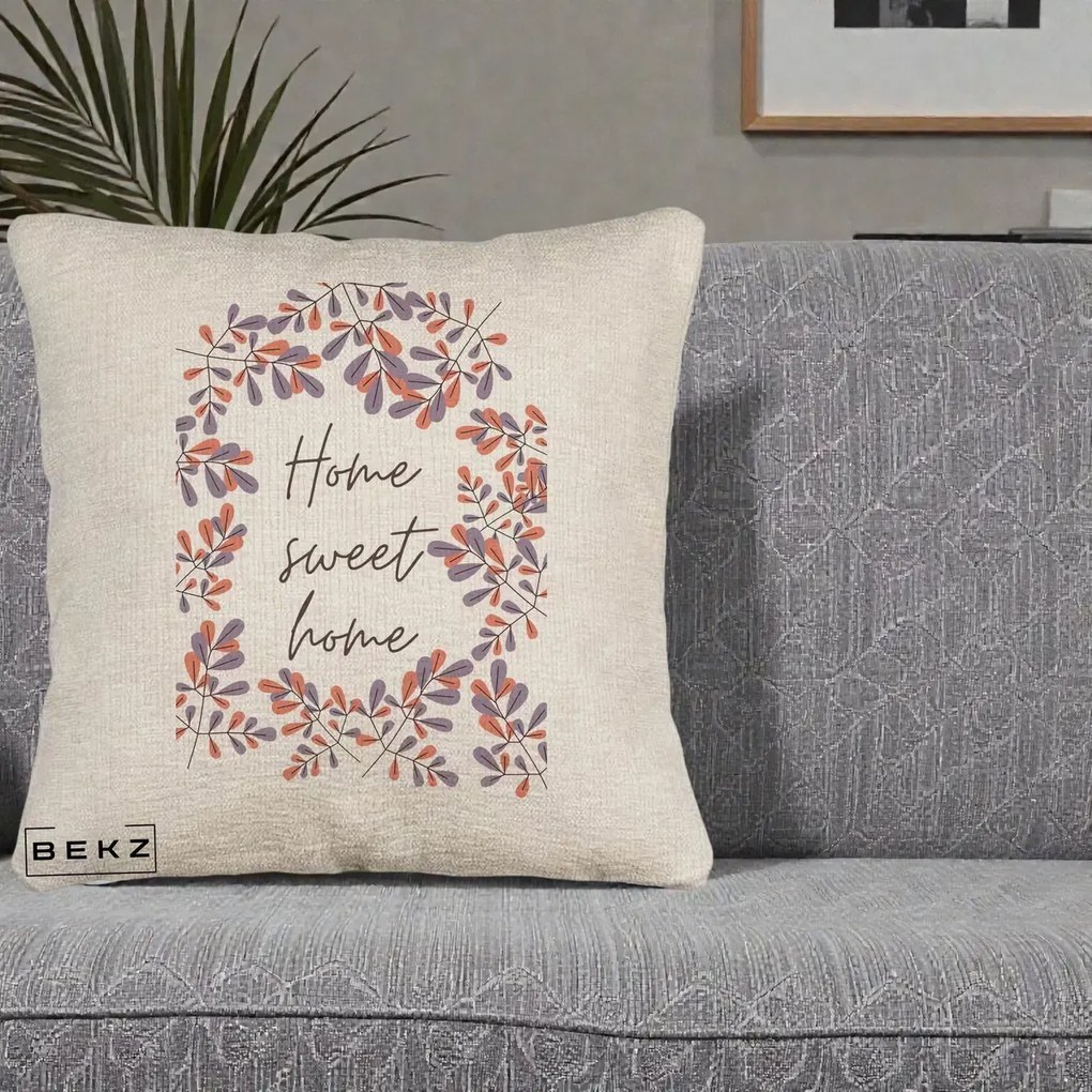 Perna Decorativa Home Sweet Home Frunze Colorate, 40x40 cm, Bej Canapea, Husa Detasabila, Perna Inclusa, BEKZ®