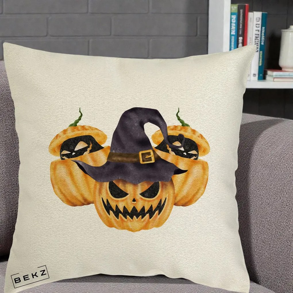 Perna Decorativa Trio Dovleci Jack-o-Lantern cu Palarie Vrajitoare, 40x40 cm, Ecru, Husa Detasabila, Perna Inclusa, BEKZ®