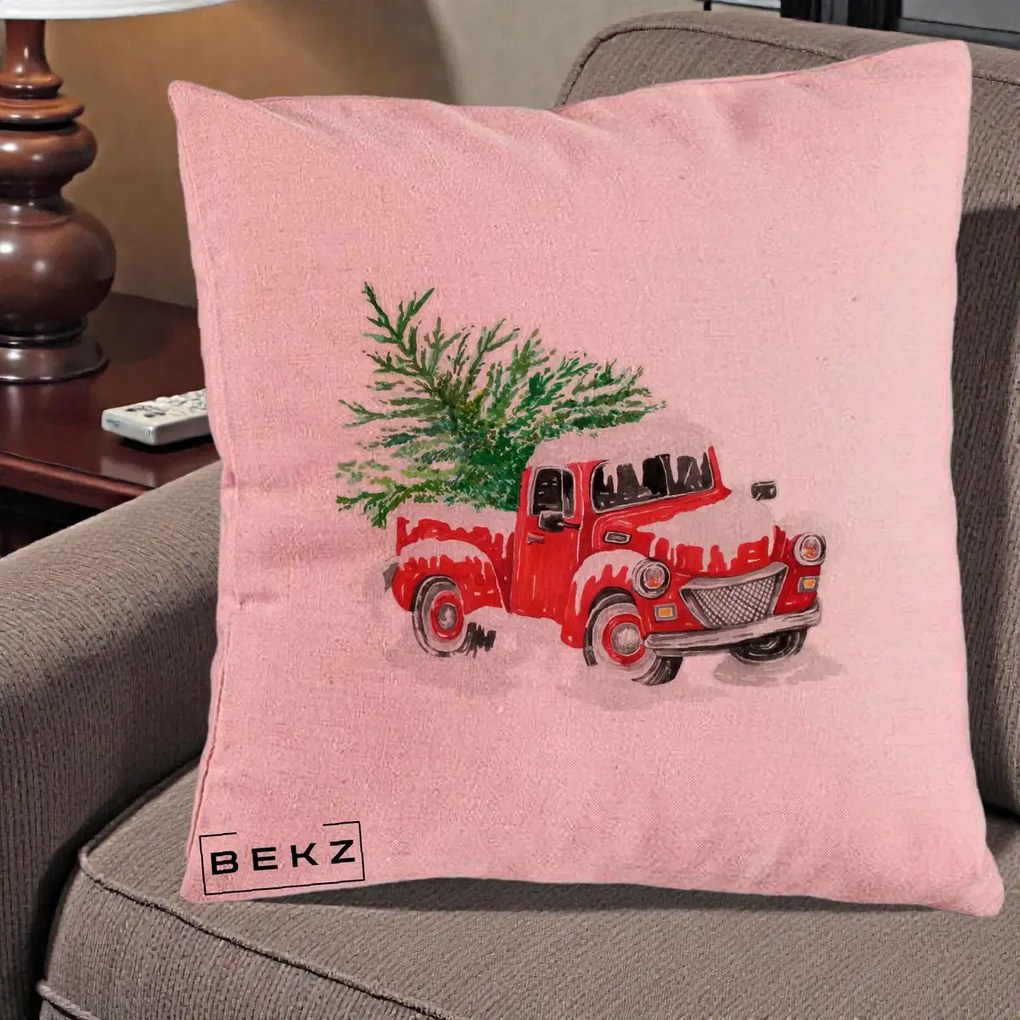Perna Decorativa Camioneta Rosie Brad de Craciun, 40x40 cm, Roz, Husa Detasabila, Perna Inclusa, BEKZ®