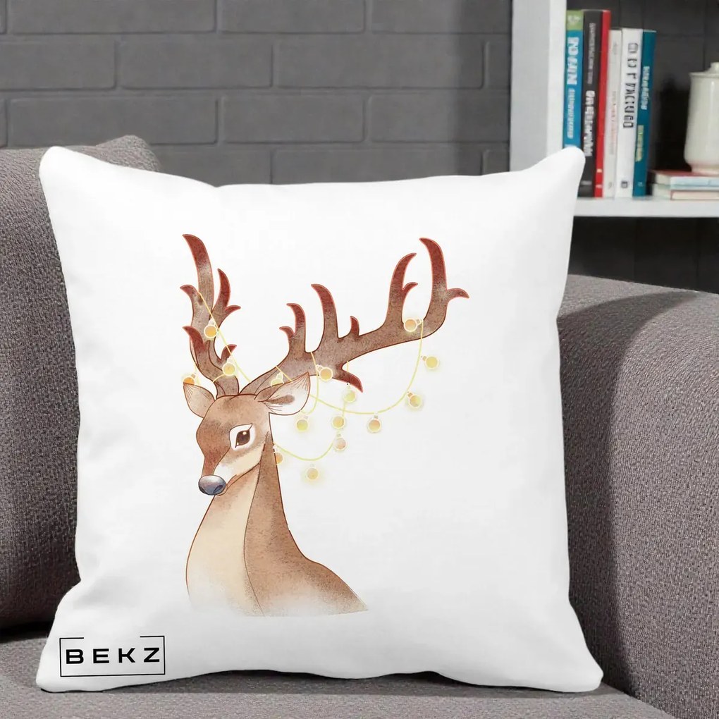 Perna Decorativa Ren cu Luminite de Craciun, 40x40 cm, Alba Mata, Husa Detasabila, Perna Inclusa, BEKZ®