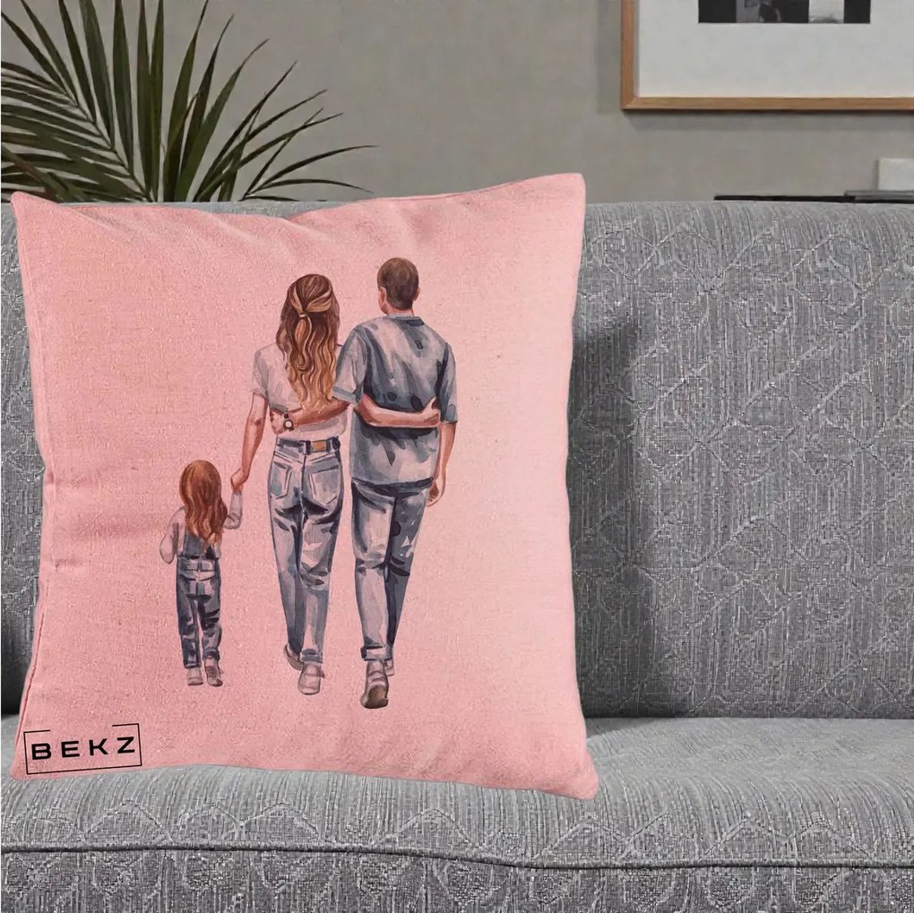 Cadou pentru Familie - Perna Personalizata Familie Acuarela Jeans, 40x40 cm, Roz, Husa Detasabila, Perna Inclusa, BEKZ®