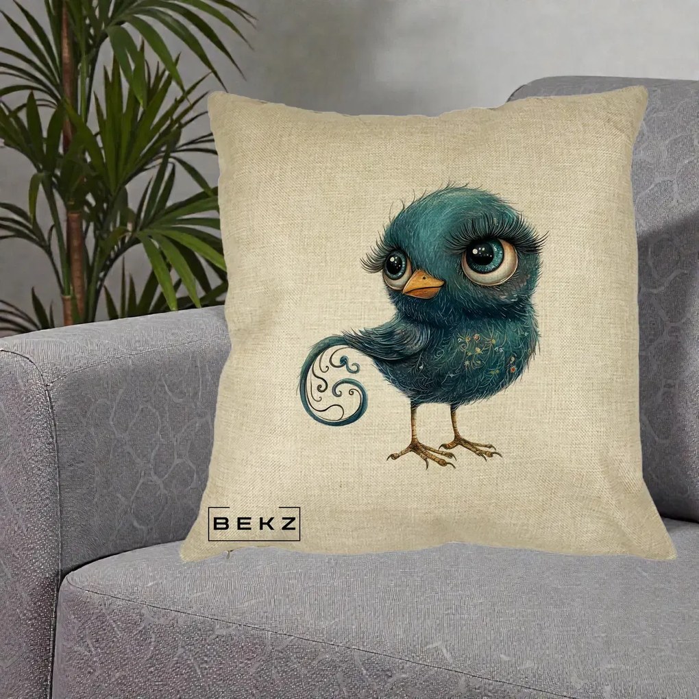 Perna Decorativa Pasare Teal cu Motive Aurii si Coada Spiralata, 40x40 cm, Crem, Husa Detasabila, Perna Inclusa, BEKZ®