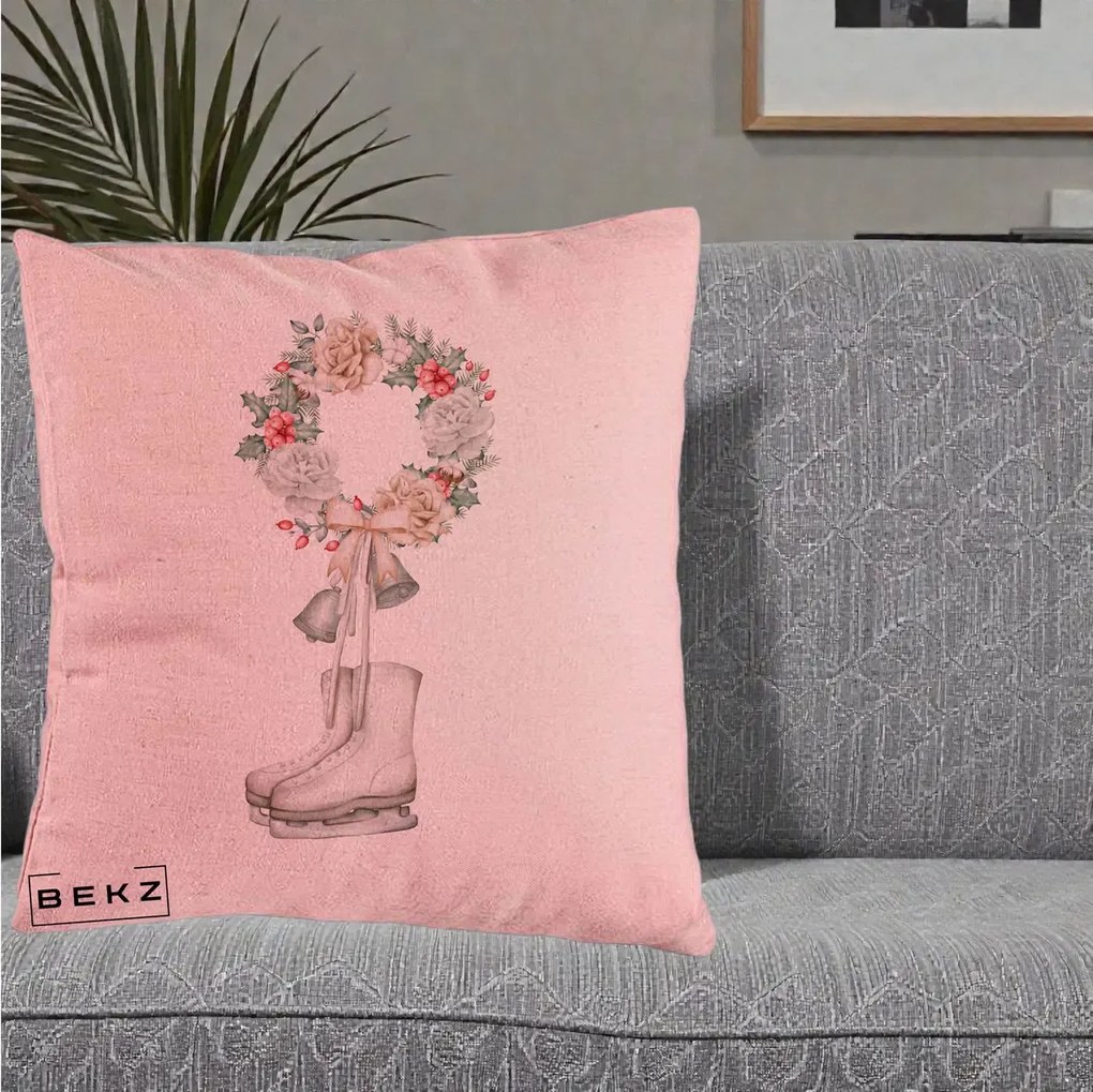 Perna Decorativa Patine cu Coroana Florala de Craciun, 40x40 cm, Roz, Husa Detasabila, Perna Inclusa, BEKZ®