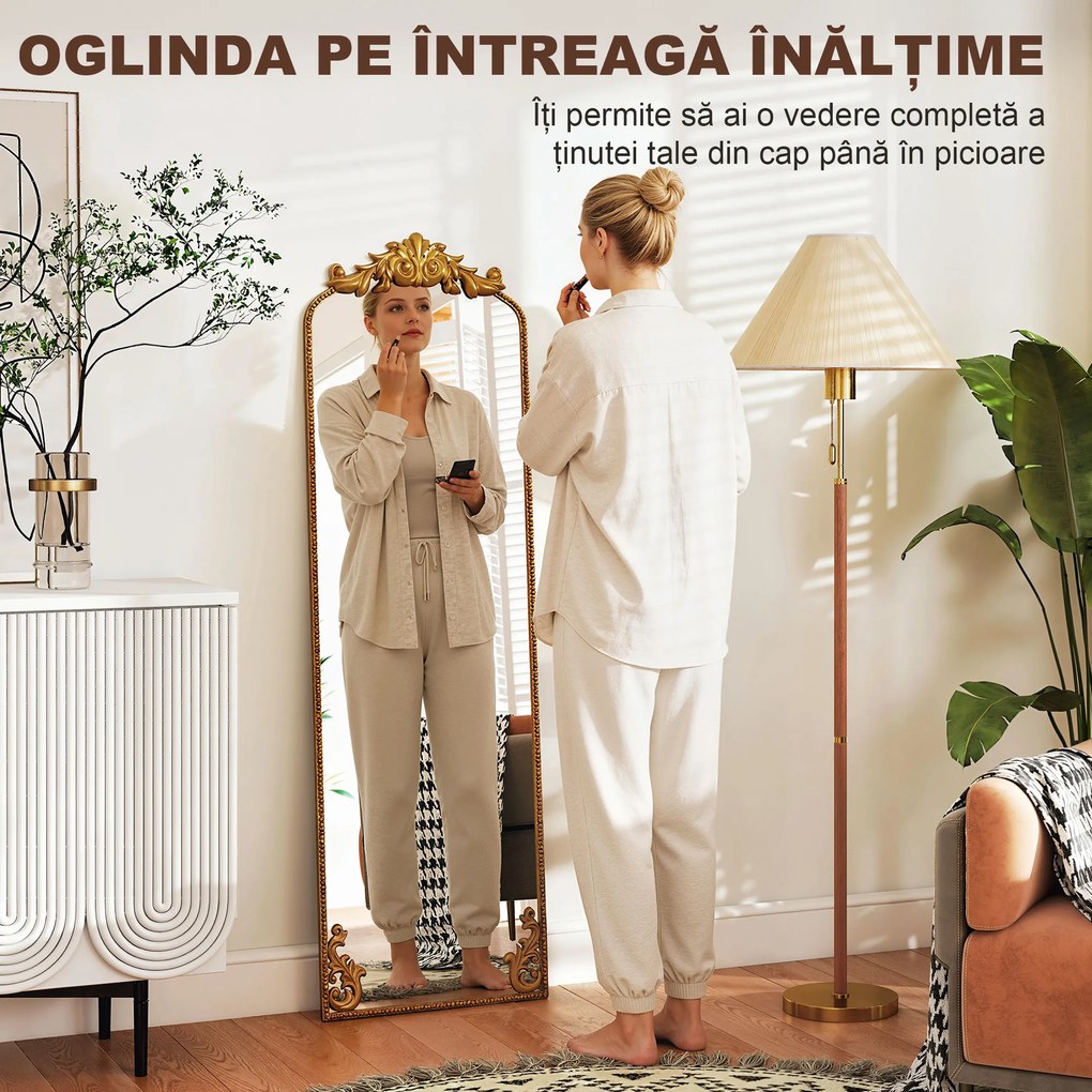 HOMCOM Oglindă de Podea Stil Baroc, 50x160 cm Oglindă de Perete și Autoportantă cu Ramă Metalică, pentru Dormitor, Living și Hol, Auriu | Aosom Romania