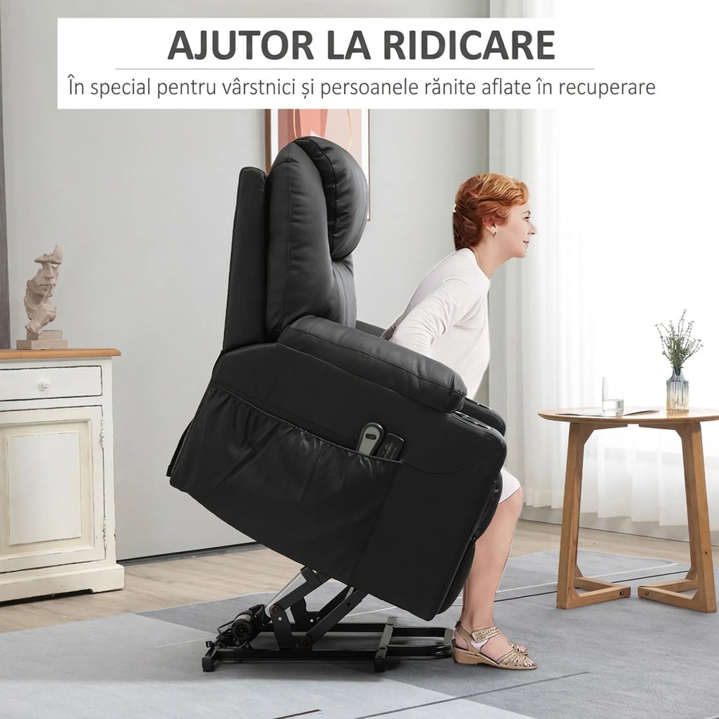 HOMCOM Scaun cu Ridicare Electrică, Masaj, Telecomandă și Buzunare Laterale pentru Vârstnici, din Piele PU, 88x92x106 cm, Negru | Aosom Romania