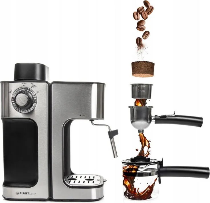 La mâna a doua: Espressor manual First Austria FA-5475-2, 800W, Rezervor 0.250L, Vas de sticla, Pauza, Inox/Negru