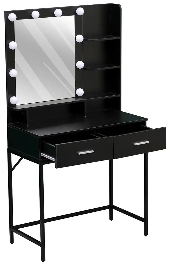 Set ELINORE – Masă de Toaletă pentru Machiaj, Oglinda Iluminata 10 becuri LED, 2 sertare, separatoare, rafturi, scaun, Negru