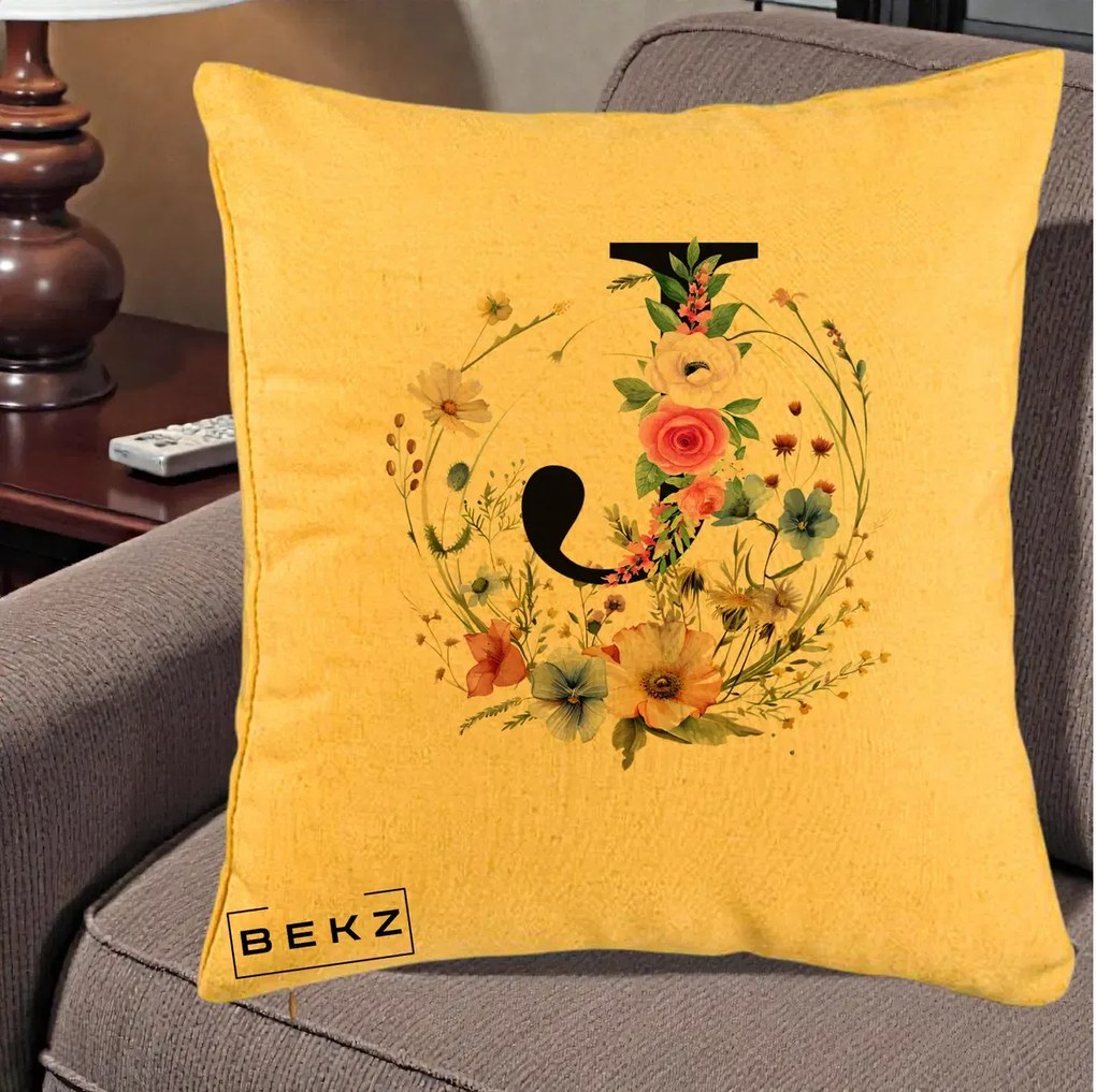 Cadou Personalizat - Perna Personalizata Monogram Litera J cu Flori Acuarela, 40x40 cm, Galben, Husa Detasabila, Perna Inclusa, BEKZ®