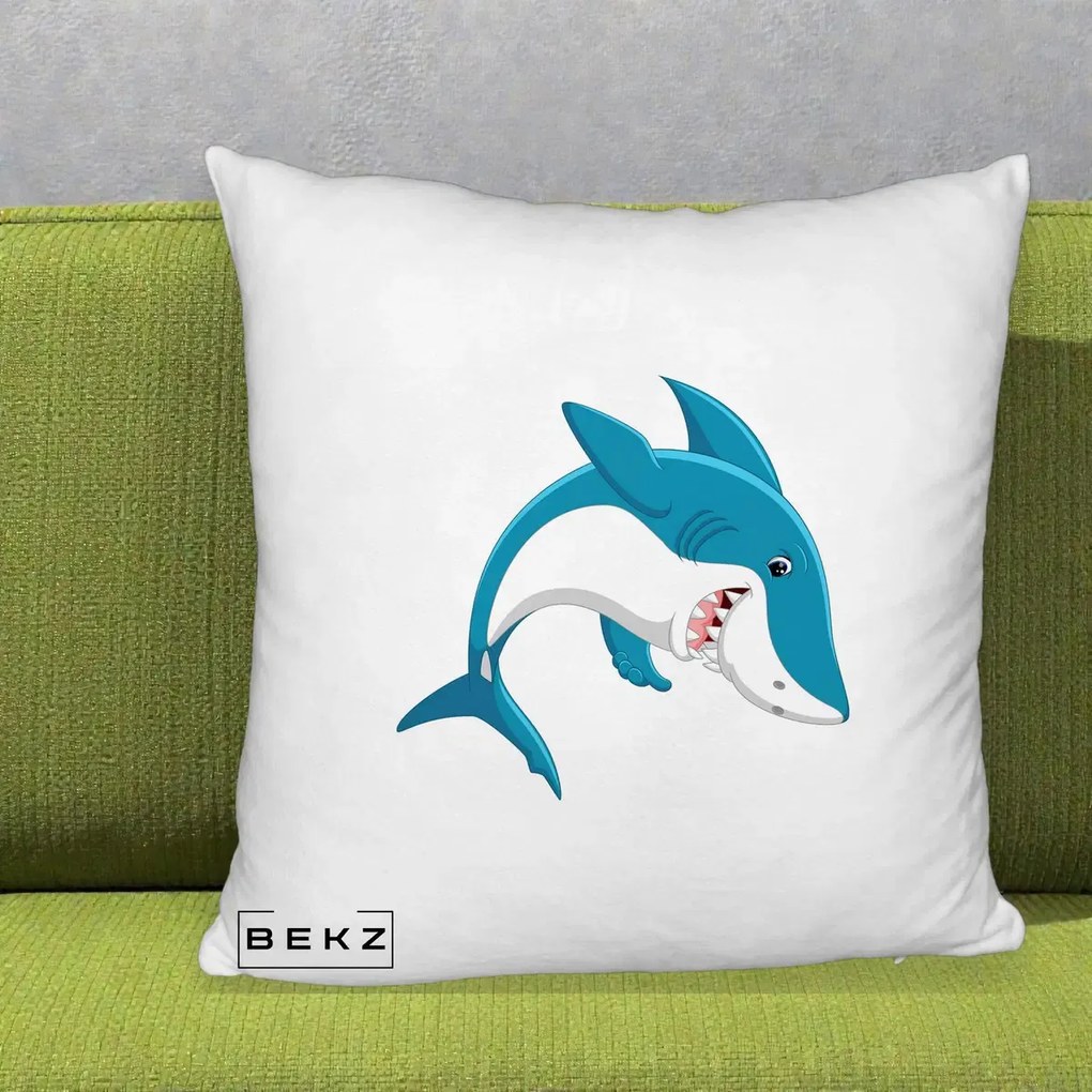 Perna Decorativa Rechin Albastru Cartoon, 40x40 cm, Alb Pufos, Husa Detasabila, Perna Inclusa, BEKZ®