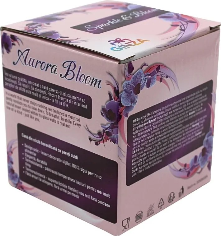 Pahar cu inserție de flori uscate, floarea miresei alb și albastru, pereți dubli, sticlă borosilicată, 250 ml, Aurora Bloom