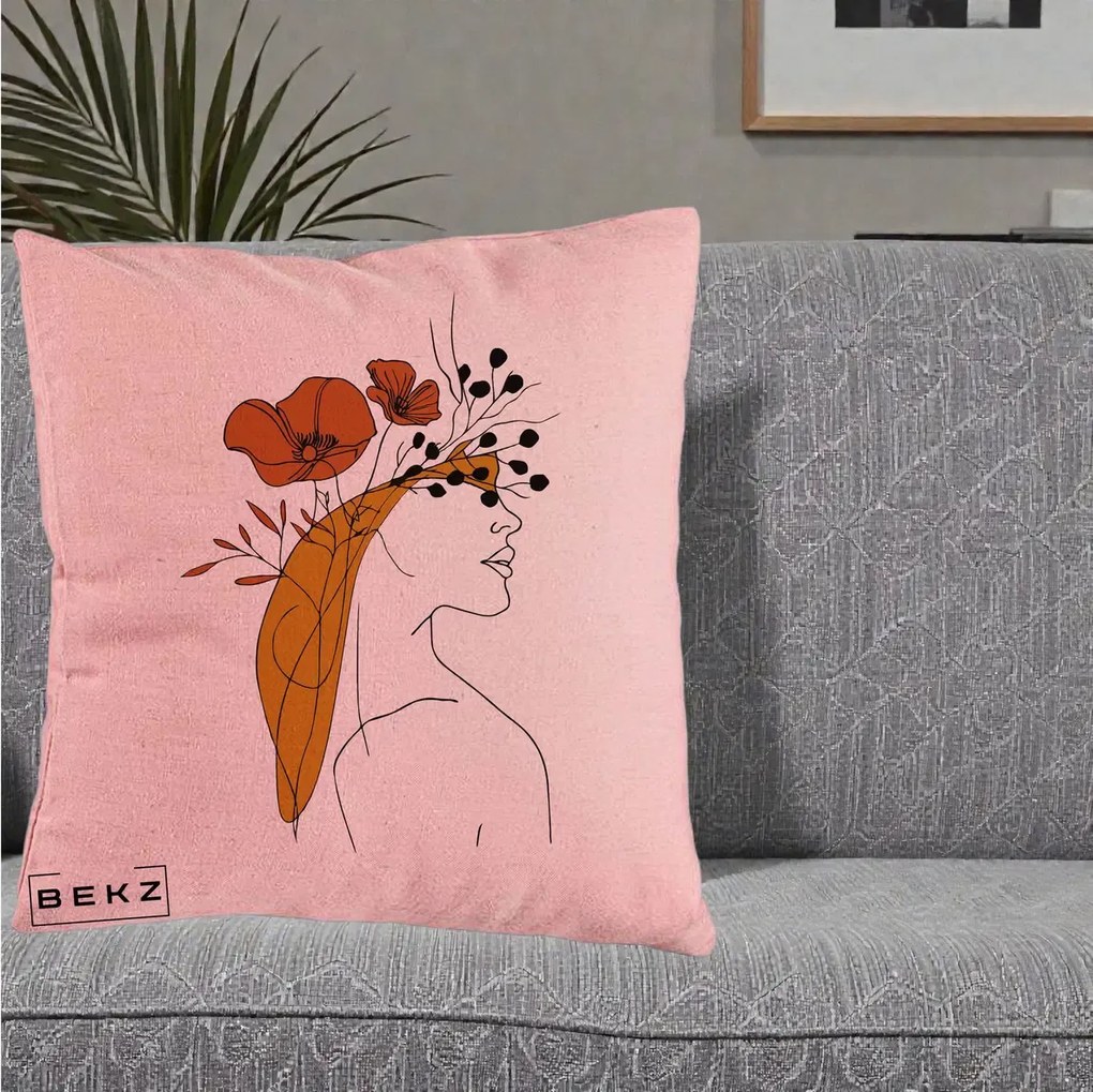 Perna Decorativa Portret Feminin Maci Rosii Auriu, 40x40 cm, Roz, Husa Detasabila, Perna Inclusa, BEKZ®