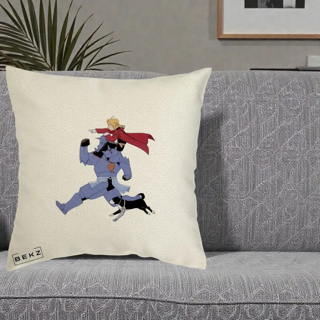Perna Personalizata Fullmetal Alchemist Edward si Alphonse, 40x40 cm, Ecru, Husa Detasabila, Perna Inclusa, BEKZ®